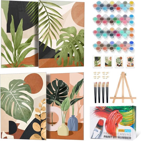 4 Pack Framed Paint By Numbers Green Plants Kit for Adults Beginners – 8x12 Inch DIY Acrylic Painting Set with Wooden Easel, Easy Botanical Wall Art for Home Decor & Gift